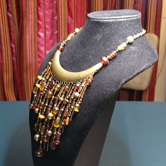 Elegant Gold and Brown Chain/Beaded Statement Necklace Boho Granny Chic - Picture 2 of 7
